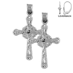 Sterling Silver 31mm Budded Glory Cross Earrings (White or Yellow Gold Plated)