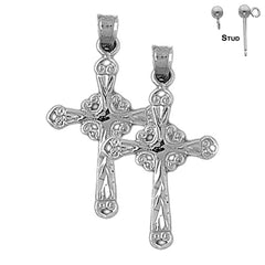 Sterling Silver 31mm Budded Glory Cross Earrings (White or Yellow Gold Plated)