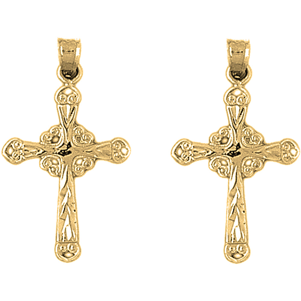 Yellow Gold-plated Silver 31mm Budded Glory Cross Earrings