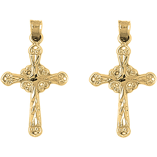 Yellow Gold-plated Silver 31mm Budded Glory Cross Earrings