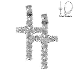 Sterling Silver 34mm Heart Cross Earrings (White or Yellow Gold Plated)