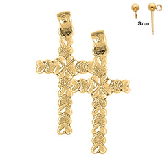 Sterling Silver 34mm Heart Cross Earrings (White or Yellow Gold Plated)