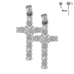 Sterling Silver 34mm Heart Cross Earrings (White or Yellow Gold Plated)