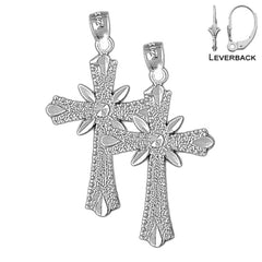 Sterling Silver 35mm Budded Cross Earrings (White or Yellow Gold Plated)