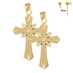 Sterling Silver 35mm Budded Cross Earrings (White or Yellow Gold Plated)