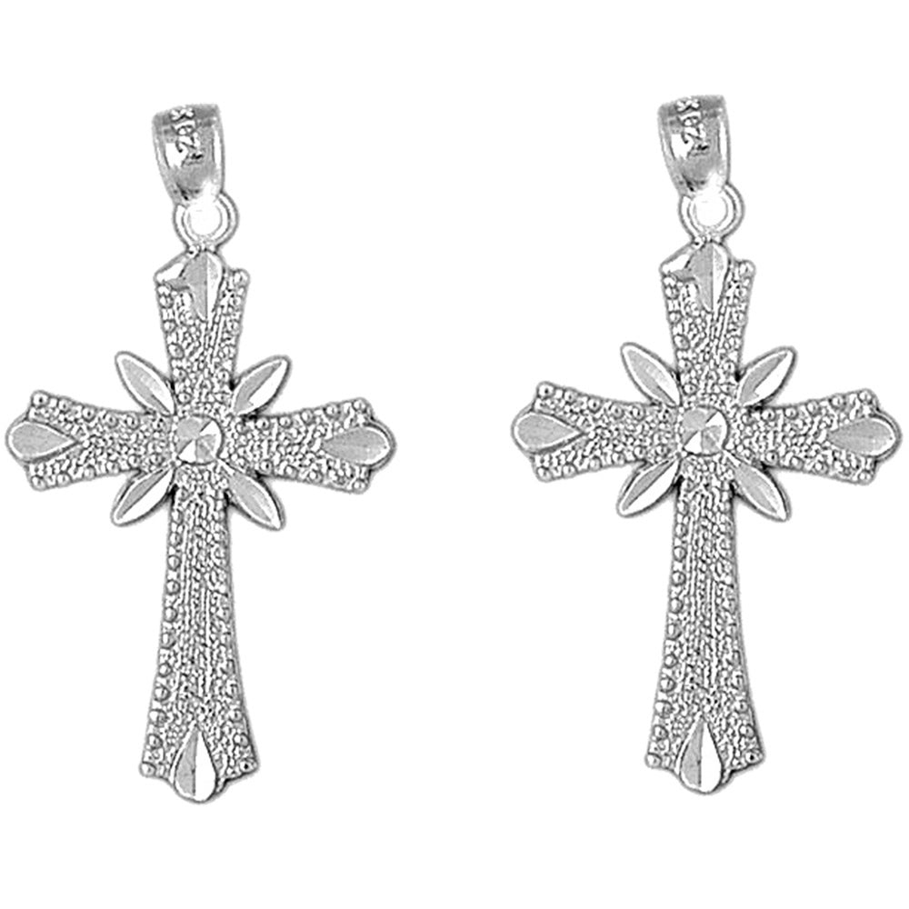 Sterling Silver 35mm Budded Cross Earrings