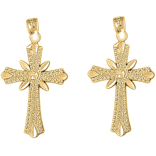 Yellow Gold-plated Silver 35mm Budded Cross Earrings