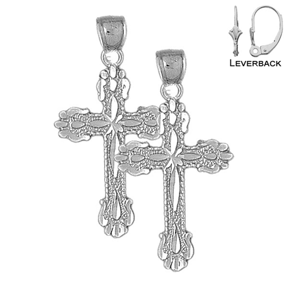 Sterling Silver 36mm Budded Cross Earrings (White or Yellow Gold Plated)