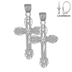 Sterling Silver 36mm Budded Cross Earrings (White or Yellow Gold Plated)