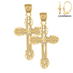 Sterling Silver 36mm Budded Cross Earrings (White or Yellow Gold Plated)