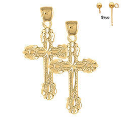 Sterling Silver 36mm Budded Cross Earrings (White or Yellow Gold Plated)