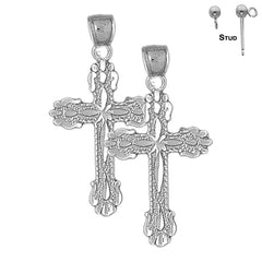 Sterling Silver 36mm Budded Cross Earrings (White or Yellow Gold Plated)