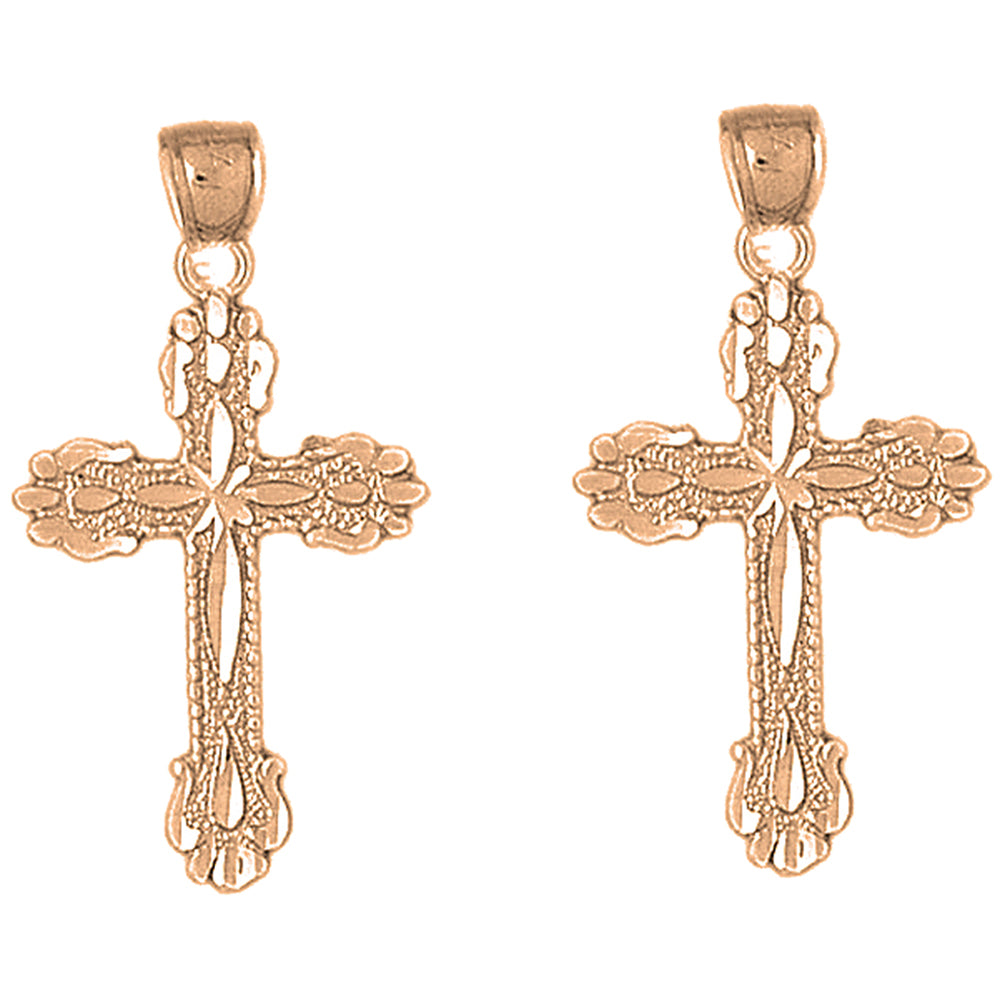 14K or 18K Gold 36mm Budded Cross Earrings