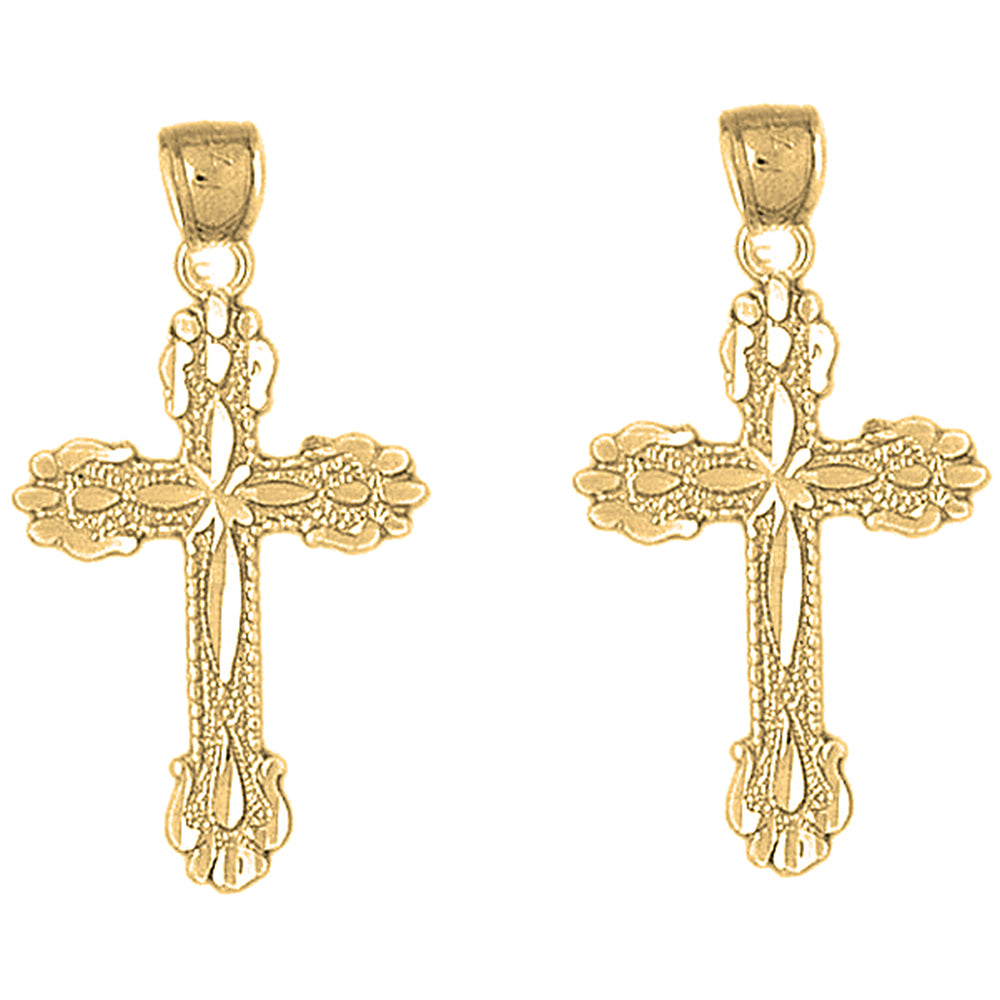 Yellow Gold-plated Silver 36mm Budded Cross Earrings