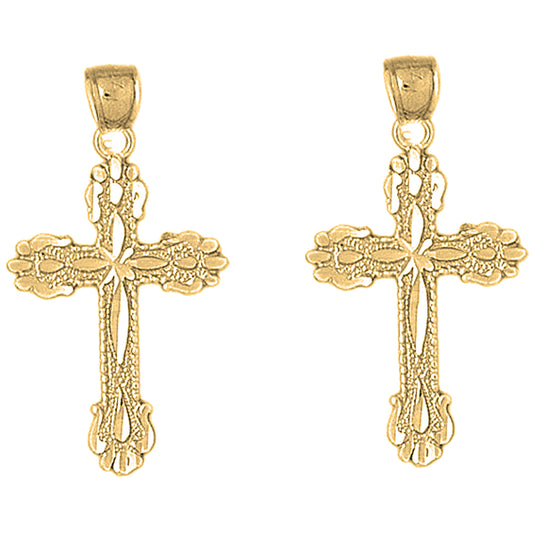 Yellow Gold-plated Silver 36mm Budded Cross Earrings