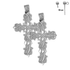 Sterling Silver 34mm Budded Cross Earrings (White or Yellow Gold Plated)