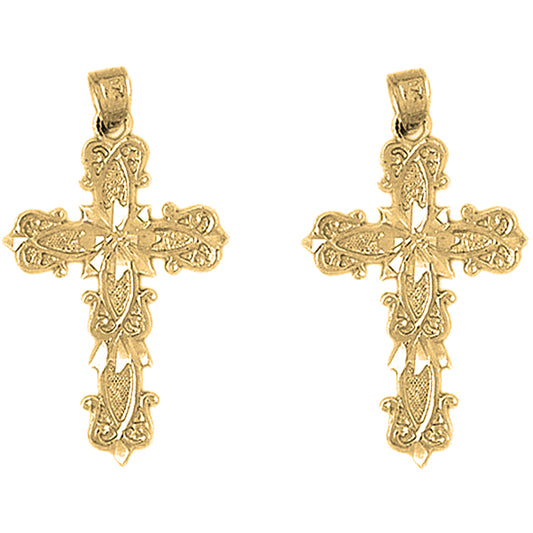 Yellow Gold-plated Silver 34mm Budded Cross Earrings