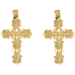Yellow Gold-plated Silver 34mm Budded Cross Earrings