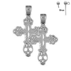 Sterling Silver 39mm Budded Cross Earrings (White or Yellow Gold Plated)