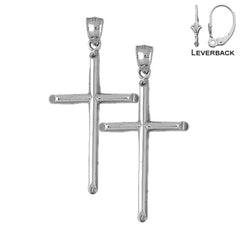 Sterling Silver 53mm Hollow Latin Cross Earrings (White or Yellow Gold Plated)