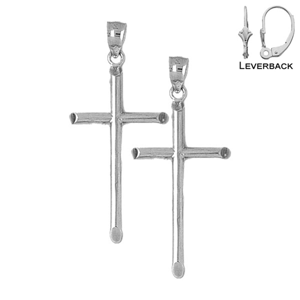 Sterling Silver 43mm Hollow Latin Cross Earrings (White or Yellow Gold Plated)