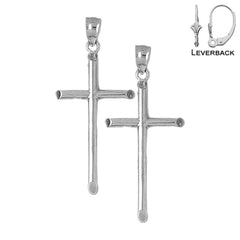 Sterling Silver 43mm Hollow Latin Cross Earrings (White or Yellow Gold Plated)