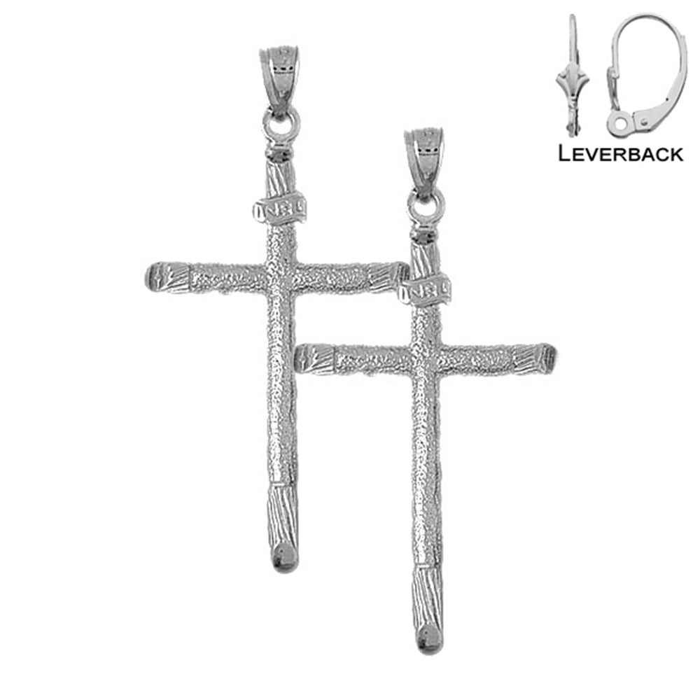 Sterling Silver 56mm INRI Cross Earrings (White or Yellow Gold Plated)