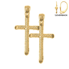 Sterling Silver 33mm Hollow Latin Cross Earrings (White or Yellow Gold Plated)