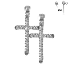 Sterling Silver 33mm Hollow Latin Cross Earrings (White or Yellow Gold Plated)