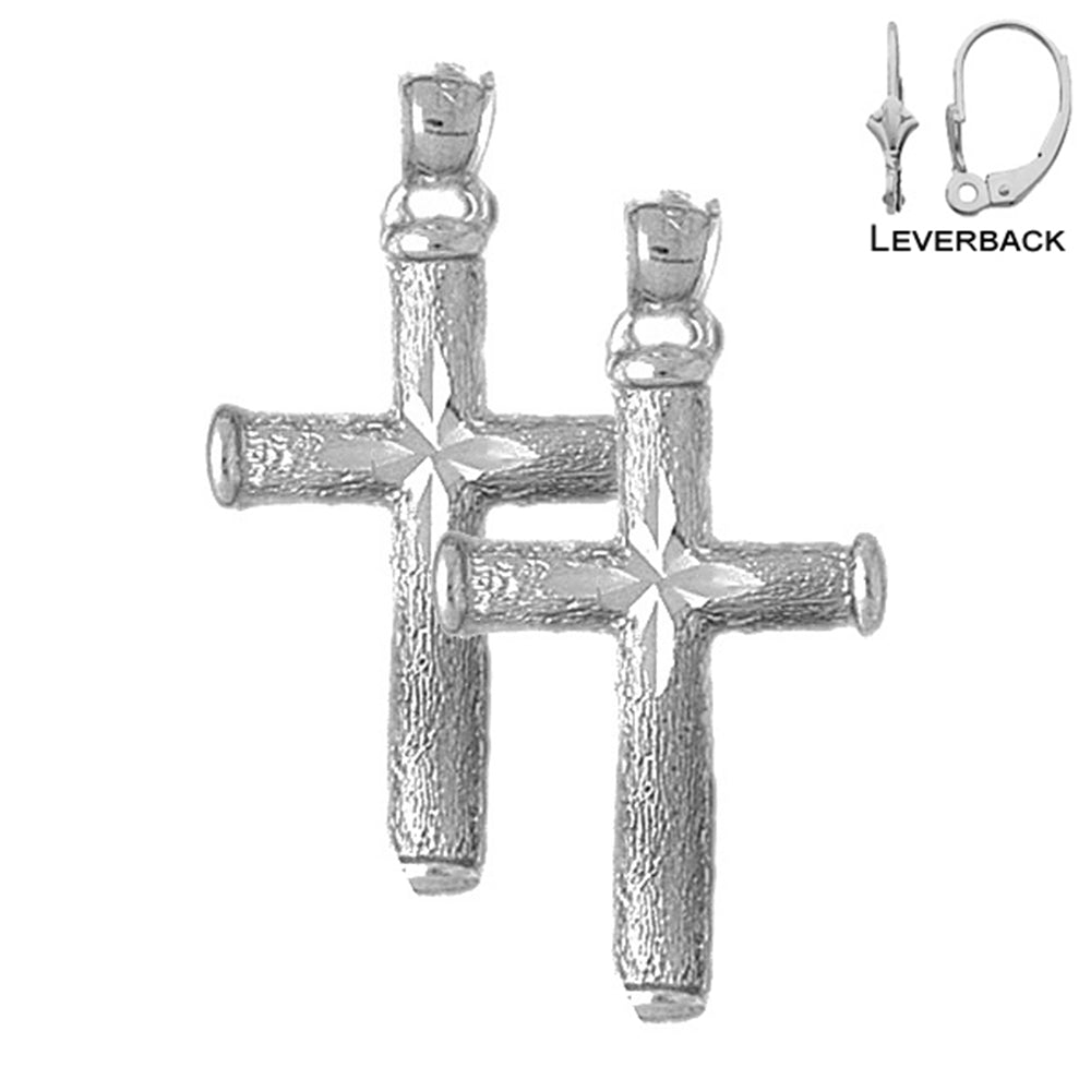 Sterling Silver 39mm Hollow Latin Cross Earrings (White or Yellow Gold Plated)