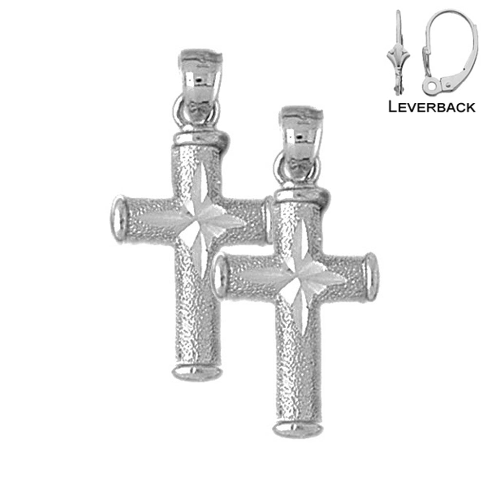 Pendientes de cruz latina hueca de plata de ley de 28 mm (chapados en oro blanco o amarillo)