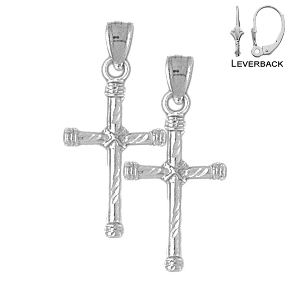 Sterling Silver 30mm Hollow Roped Cross Earrings (White or Yellow Gold Plated)