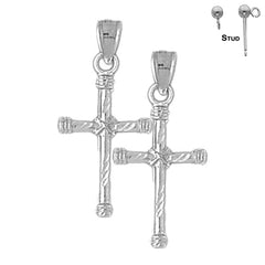 Sterling Silver 30mm Hollow Roped Cross Earrings (White or Yellow Gold Plated)