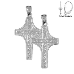 Sterling Silver 36mm Vine Cross Earrings (White or Yellow Gold Plated)