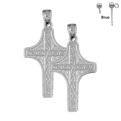 Sterling Silver 36mm Vine Cross Earrings (White or Yellow Gold Plated)