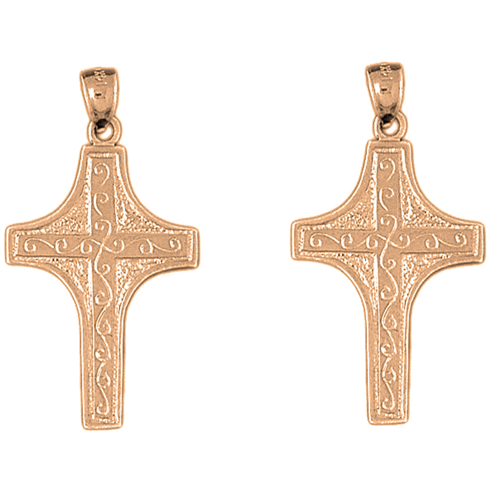 14K or 18K Gold 36mm Vine Cross Earrings