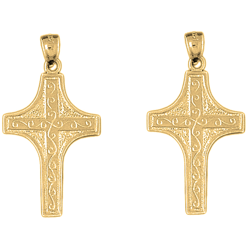 Yellow Gold-plated Silver 36mm Vine Cross Earrings