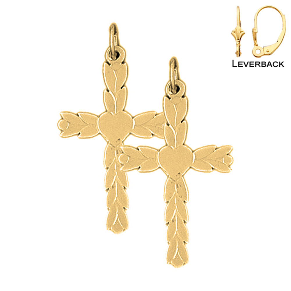 14K or 18K Gold Budded Heart Cross Earrings