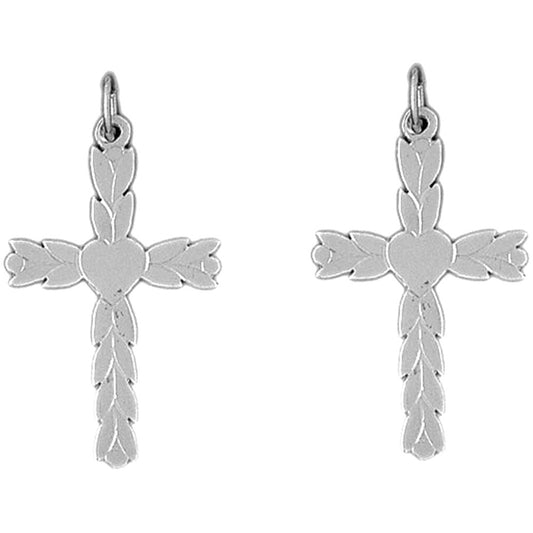 Sterling Silver 34mm Budded Heart Cross Earrings