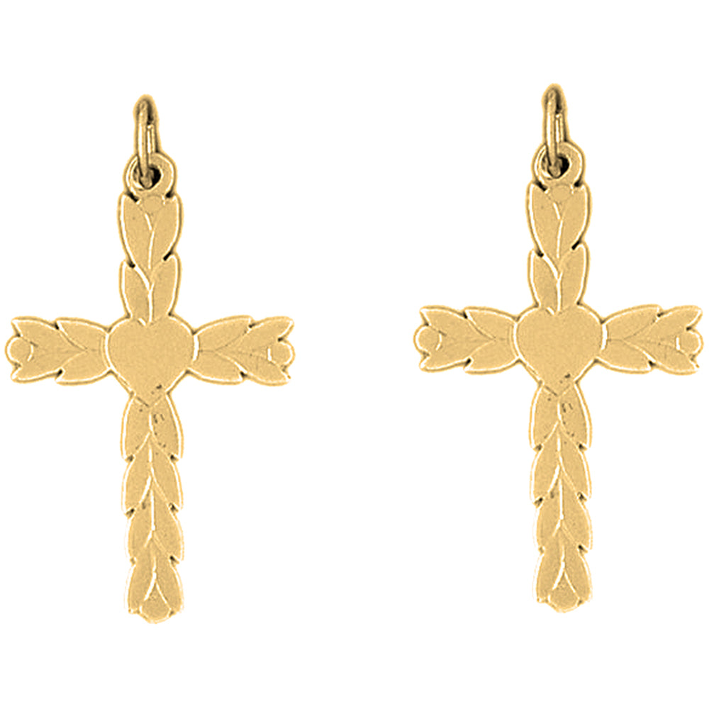 Yellow Gold-plated Silver 34mm Budded Heart Cross Earrings