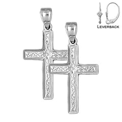 Sterling Silver 32mm Vine Cross Earrings (White or Yellow Gold Plated)