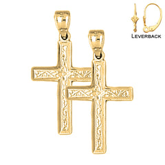 Sterling Silver 32mm Vine Cross Earrings (White or Yellow Gold Plated)