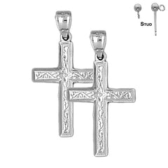 Sterling Silver 32mm Vine Cross Earrings (White or Yellow Gold Plated)