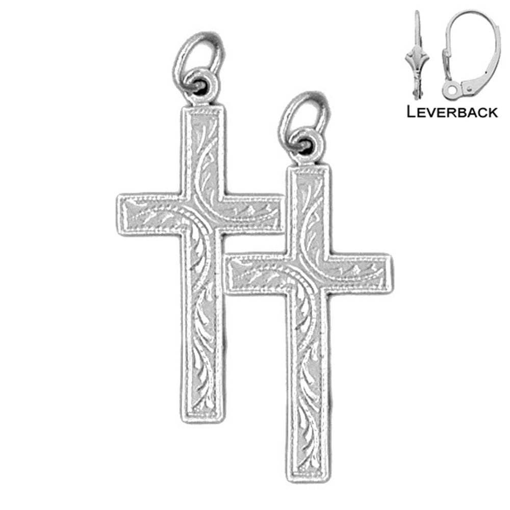 Sterling Silver 33mm Vine Cross Earrings (White or Yellow Gold Plated)