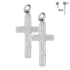 Sterling Silver 33mm Vine Cross Earrings (White or Yellow Gold Plated)