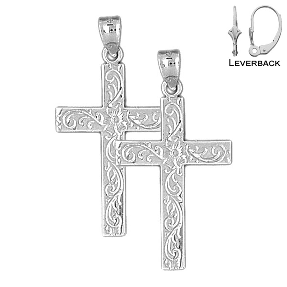 Sterling Silver 38mm Vine Cross Earrings (White or Yellow Gold Plated)