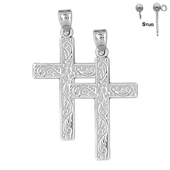 Sterling Silver 38mm Vine Cross Earrings (White or Yellow Gold Plated)