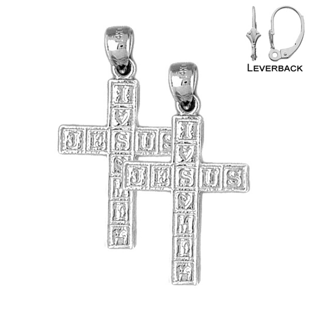 Pendientes con cruz de Jesús de plata de ley de 31 mm (chapados en oro blanco o amarillo)