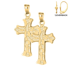 Sterling Silver 37mm Budded Cross Earrings (White or Yellow Gold Plated)