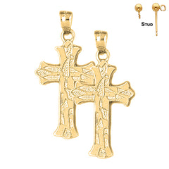 Sterling Silver 37mm Budded Cross Earrings (White or Yellow Gold Plated)